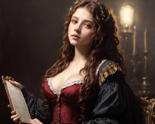 Historical woman with book in intricate attire against candlelit background