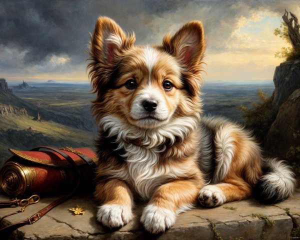Fluffy Corgi Puppy on Rocky Ledge with Scenic Background