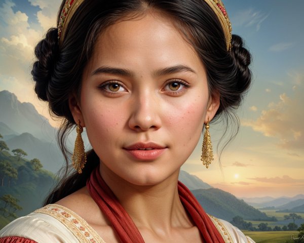 Young woman in traditional attire with serene landscape