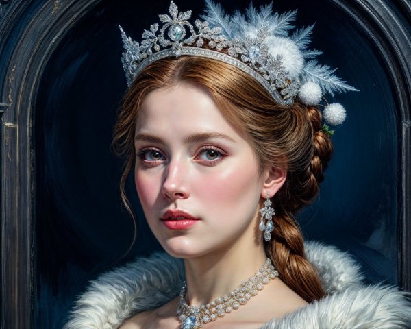 Young Woman in Jewel-Studded Crown and Elegant Attire