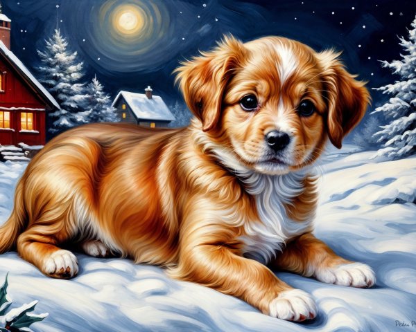 Golden-brown puppy in snow with cozy cottage backdrop