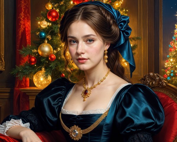 Elegant Young Woman in Holiday Decorated Room