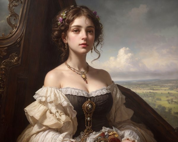 Young woman in period dress with floral crown against countryside backdrop