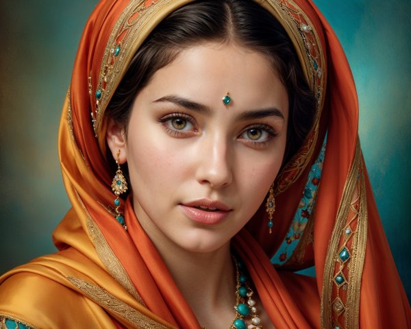 Young woman in orange headscarf with elegant jewelry