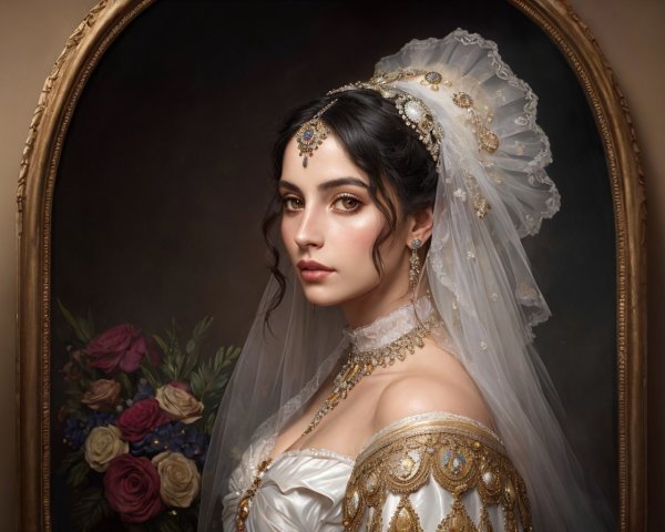 Elegant Young Woman in Embroidered Gown and Veil