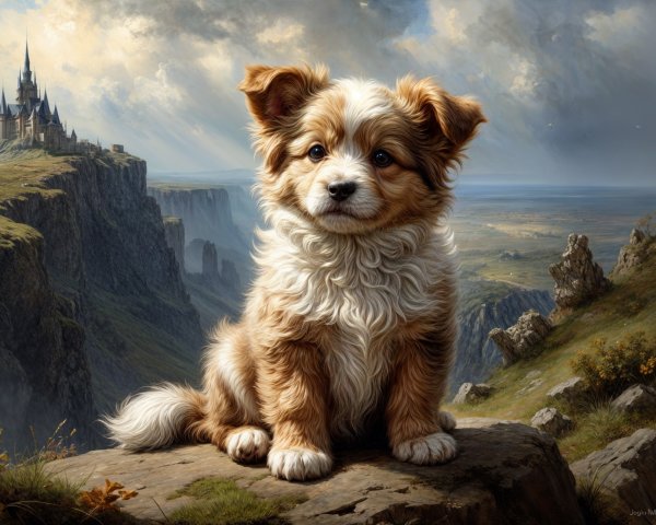 Playful Puppy on Rocky Ledge with Castle Background