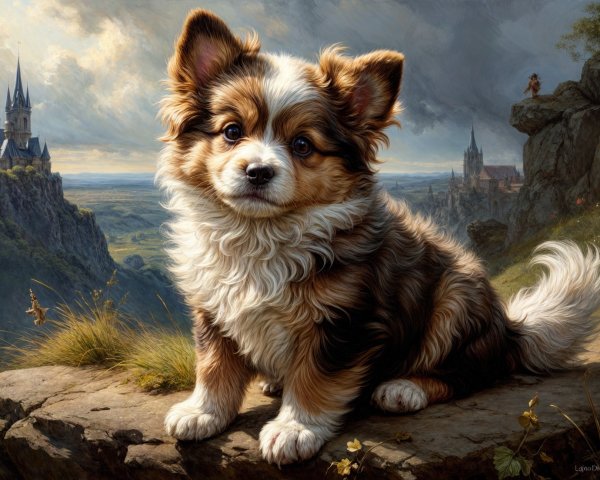Fluffy Puppy on Rocky Ledge with Scenic Landscape