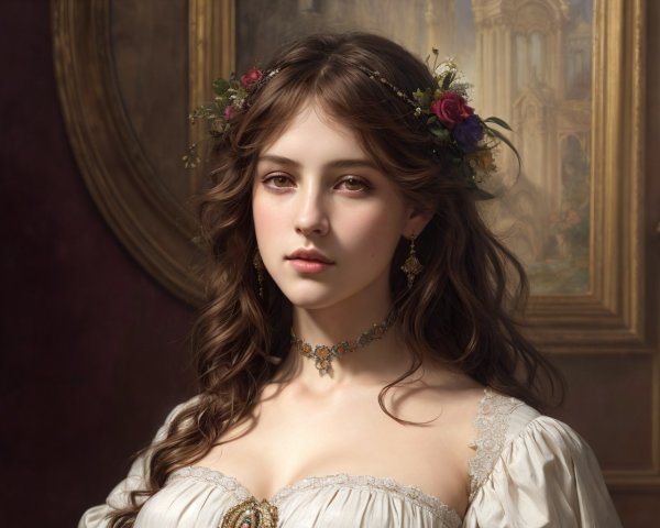Young woman in floral crown and elegant gown