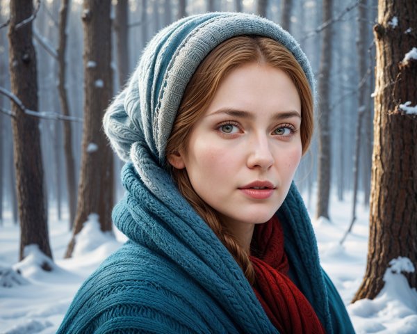 Young Woman in Snowy Forest with Expressive Eyes