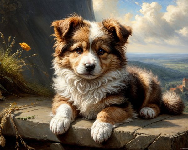 Fluffy Brown and White Puppy on a Stone Ledge