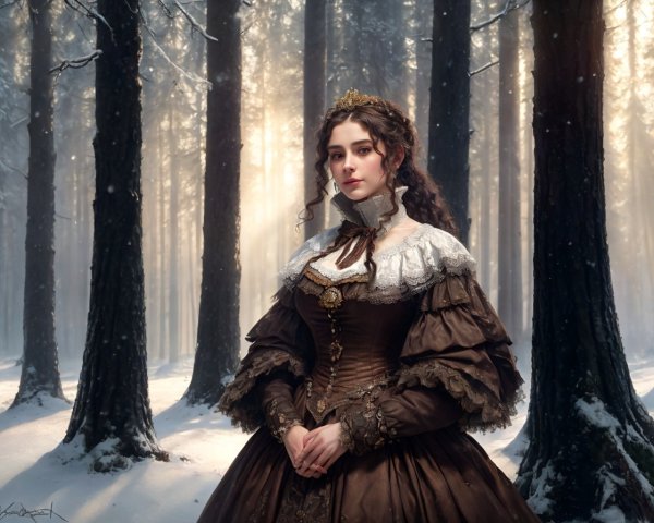 Victorian-era woman in detailed dress in snowy forest with sunlight filtering.