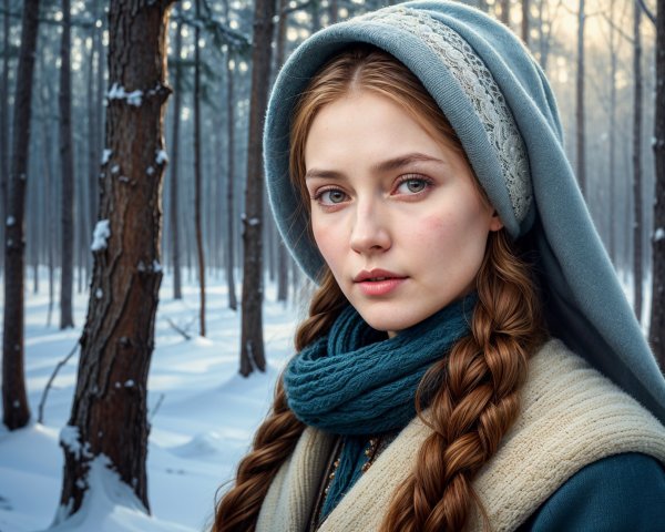 Young Woman in Snowy Forest with Frosted Trees