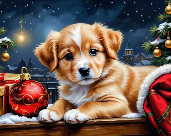 a snowy scene featuring a golden puppy and Christmas decor