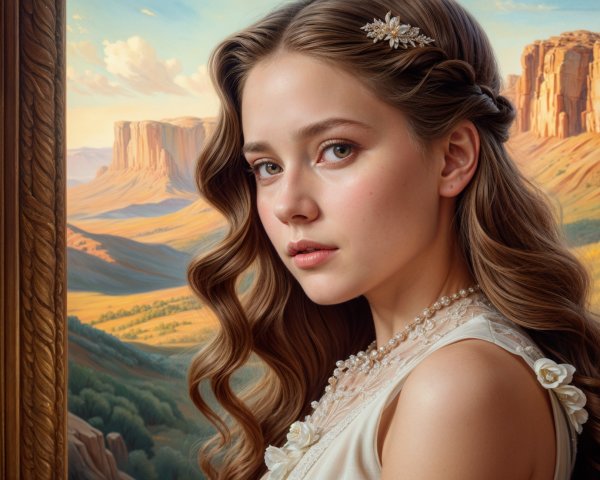 Young woman in floral dress against serene landscape