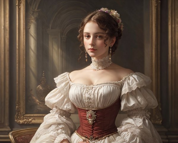 Victorian-inspired woman in ruffled dress and floral headpiece poses elegantly.