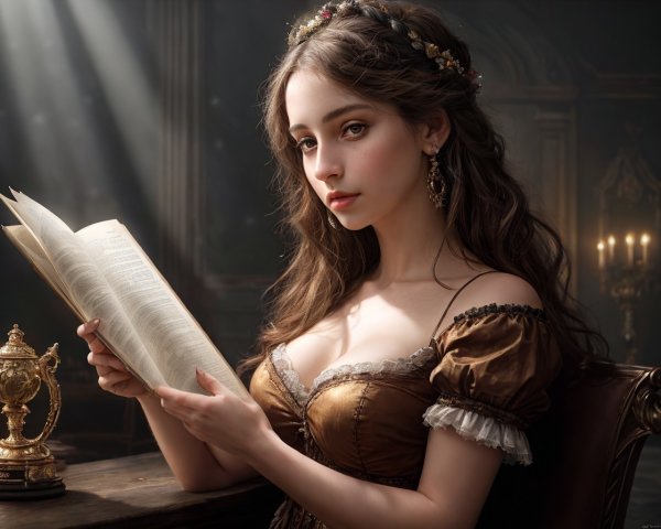 Historical woman reading book in sunlit elegant room