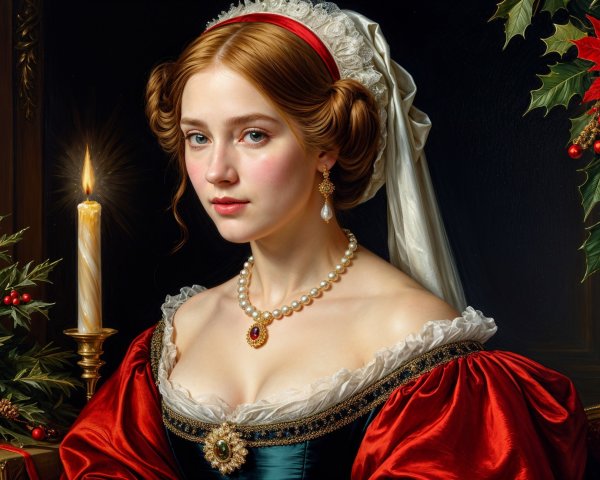 Elegant Woman in Red Dress with Festive Decorations