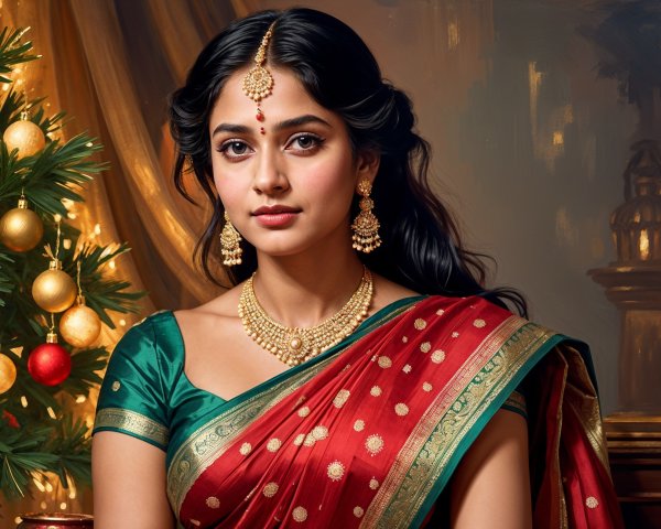 Young Woman in Traditional Saree with Festive Backdrop