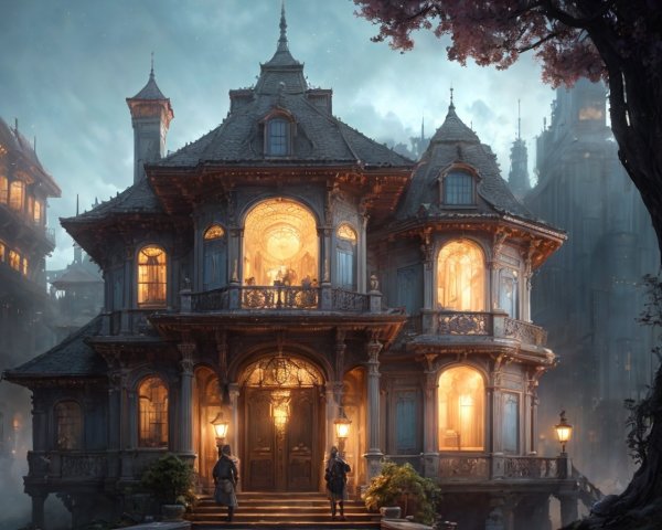 Ornate mansion with turrets and balconies in mist