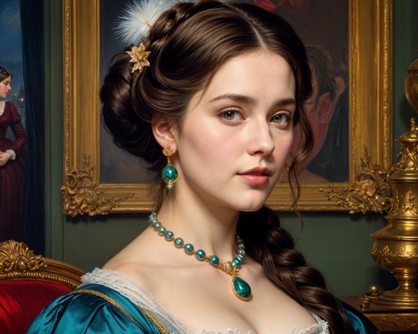 Young woman in teal dress with elegant hairstyle