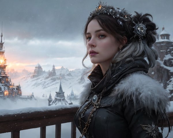 Regal Woman in Crown Before Snowy Medieval Cityscape