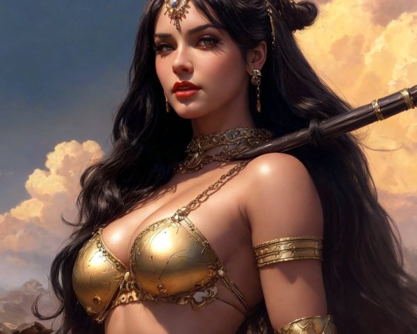 Fantasy Warrior Woman in Golden Armor with Staff