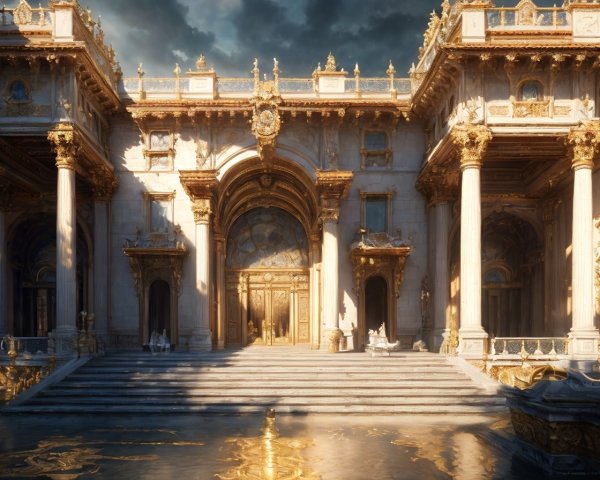 Baroque facade with golden columns and sculptures reflecting in water at sunset