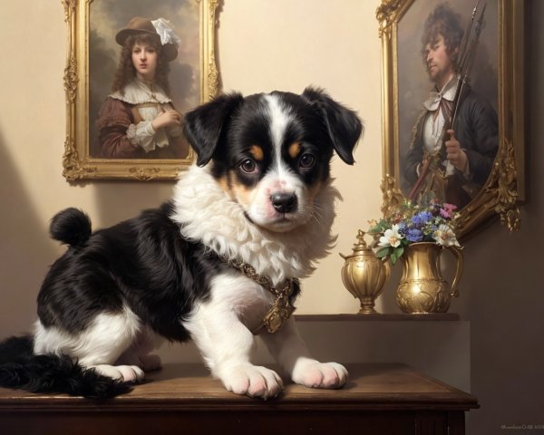 Tricolor puppy with gold medallion near classic paintings on wooden surface