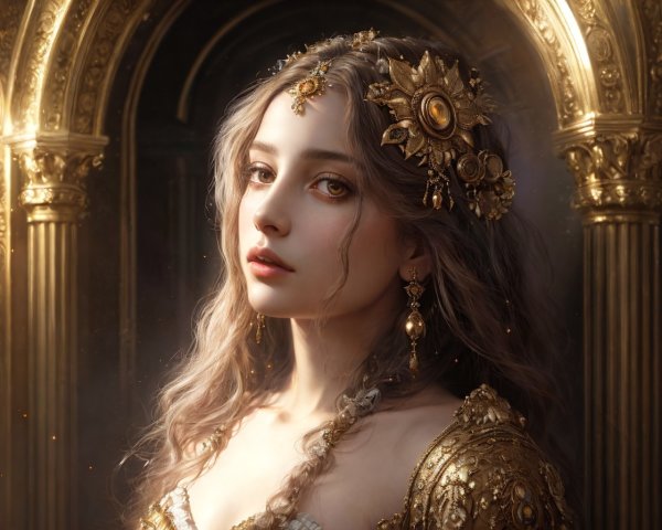 Intricate Gold Jewelry Adorns Elegant Woman in Ornate Setting