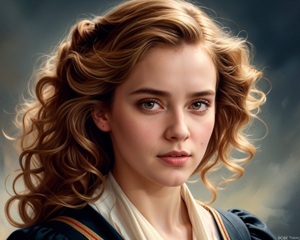 Portrait of a young woman with curly hair and green eyes