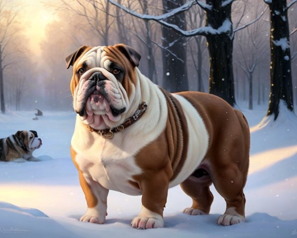 Prominent Wrinkled Bulldog in Snowy Forest Scene