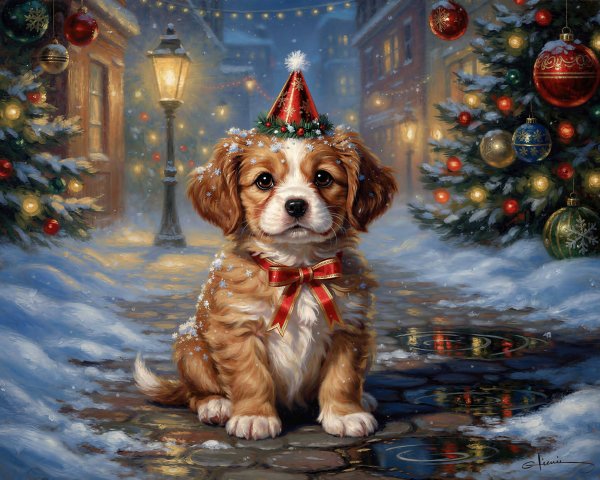 Puppy in Party Hat on Snowy Cobblestone Street