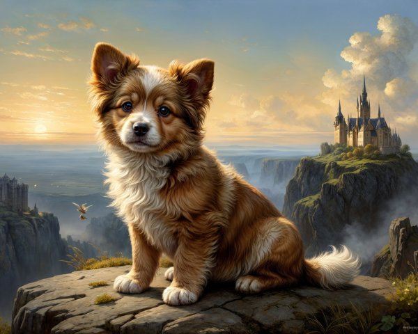 Fluffy Dog on Ledge Overlooking Sunset Landscape