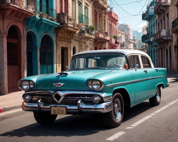 Vintage turquoise car parked on colorful street with old buildings