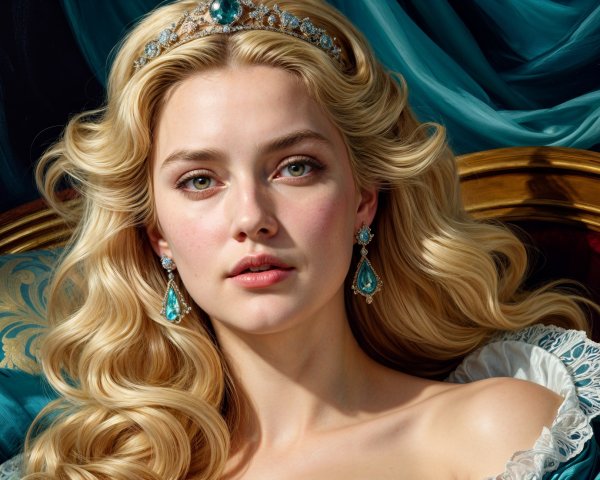 Young woman in tiara with turquoise gem and lace attire