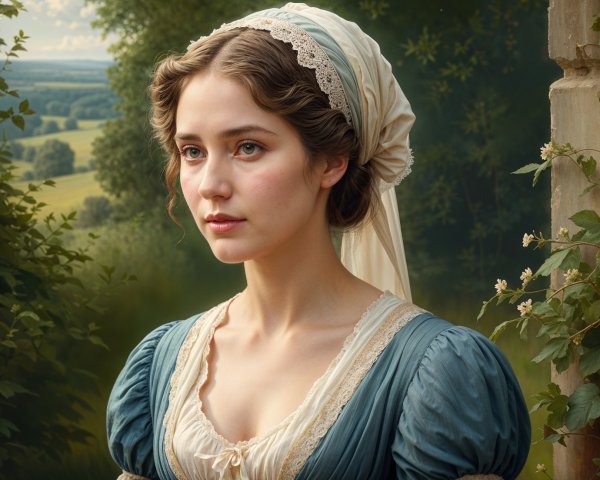Young woman in blue dress amidst lush greenery