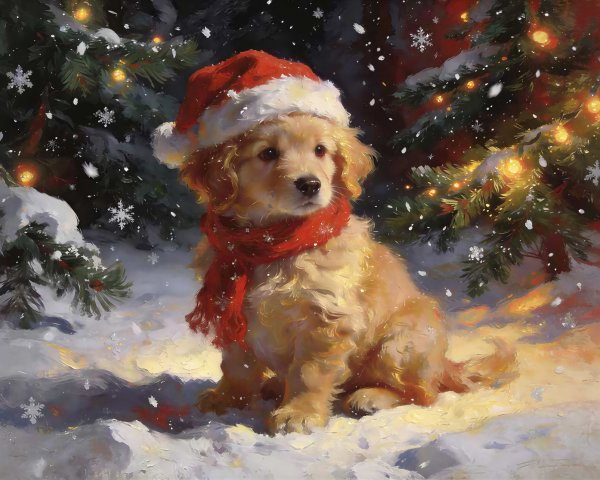 Golden Retriever Puppy in Snow with Christmas Decor