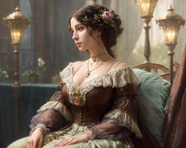 Elegant young woman in historical gown with floral details