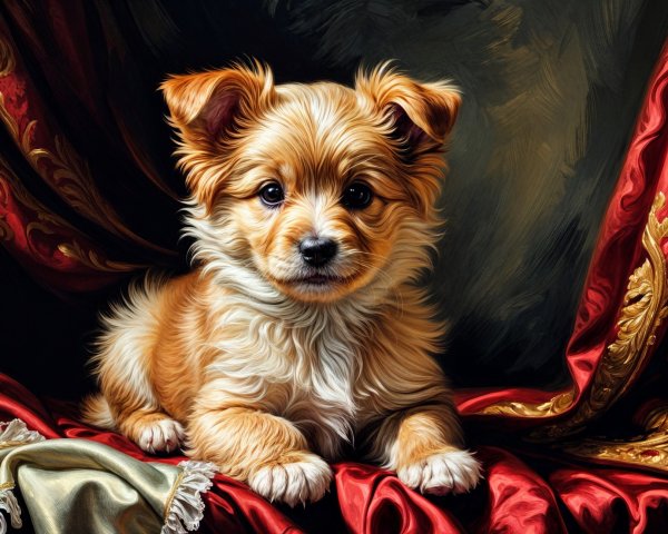Fluffy Golden-Brown Puppy on Luxurious Fabric