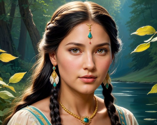 Young woman in braids with ornate jewelry in forest