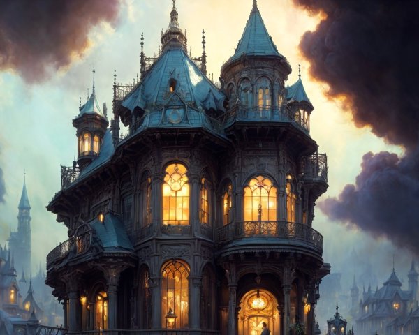 Victorian Mansion with Spires and Illuminated Windows