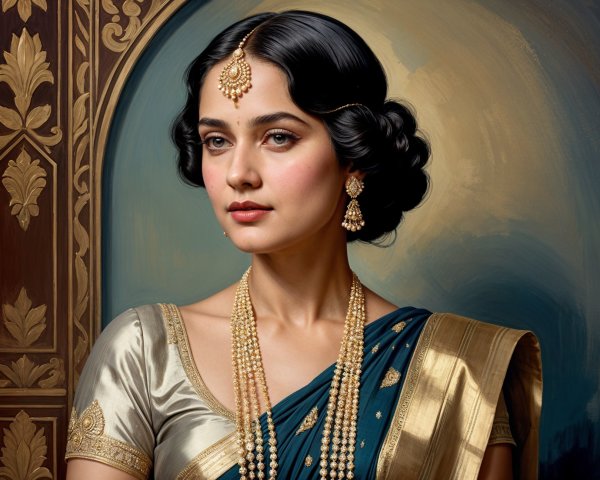 Traditional Portrait of Woman in Blue Saree and Jewelry