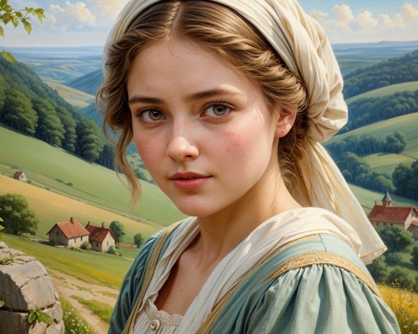 Young Woman in Light Dress Against Green Landscape