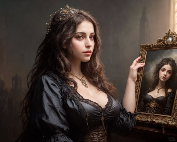 Woman in black period dress with crown posing next to mirror in grand architectural setting