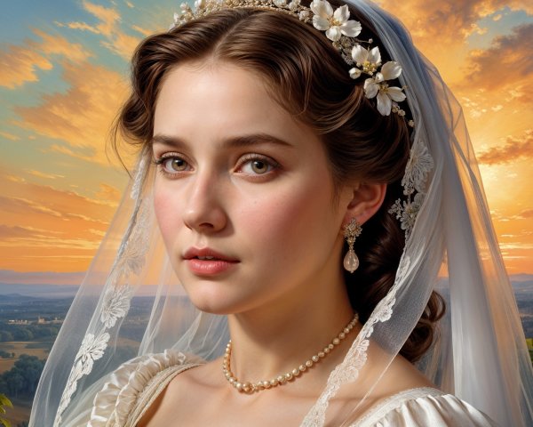 Young Woman in Bridal Gown with Sunset Background