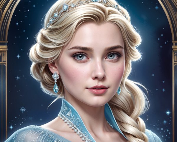 Majestic figure in blue gown with tiara and snowflakes