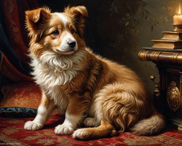 Fluffy Golden and White Dog Beside Ornate Table