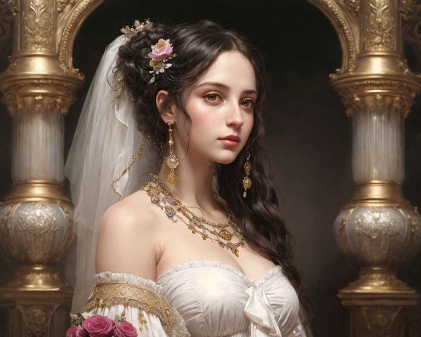 Young woman in gown with flowers and elegant jewelry