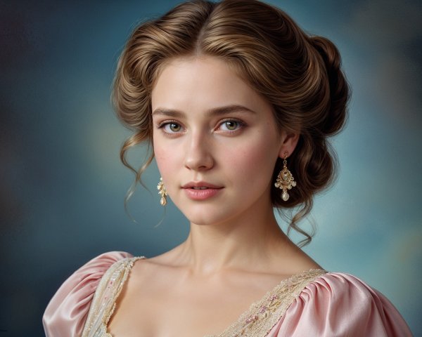 Elegant young woman in blush pink gown with curls