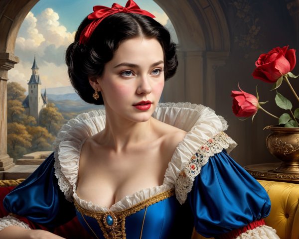 Young Woman in Fairytale-Inspired Blue Dress and Castle